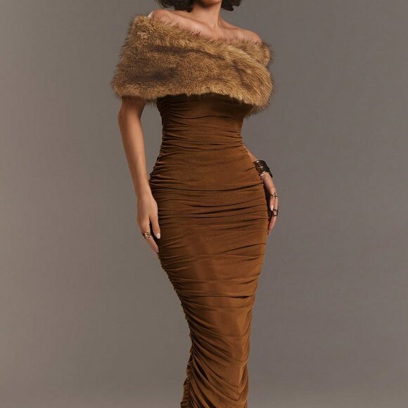 Coffee Party Women's Patchwork Fluffy Off-Shoulder Ruched Fitted Elegant Dress - Picture 3 of 7